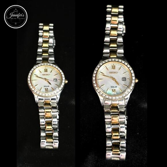 Seiko Women's Vintage V137-0AA0 Two-Toned Mother of Pearl Solar Watch - Picture 6 of 13